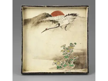 尾形乾山《色絵定家詠十二ヵ月和歌花鳥図角皿》（十二客のうち十月）江戸時代中期